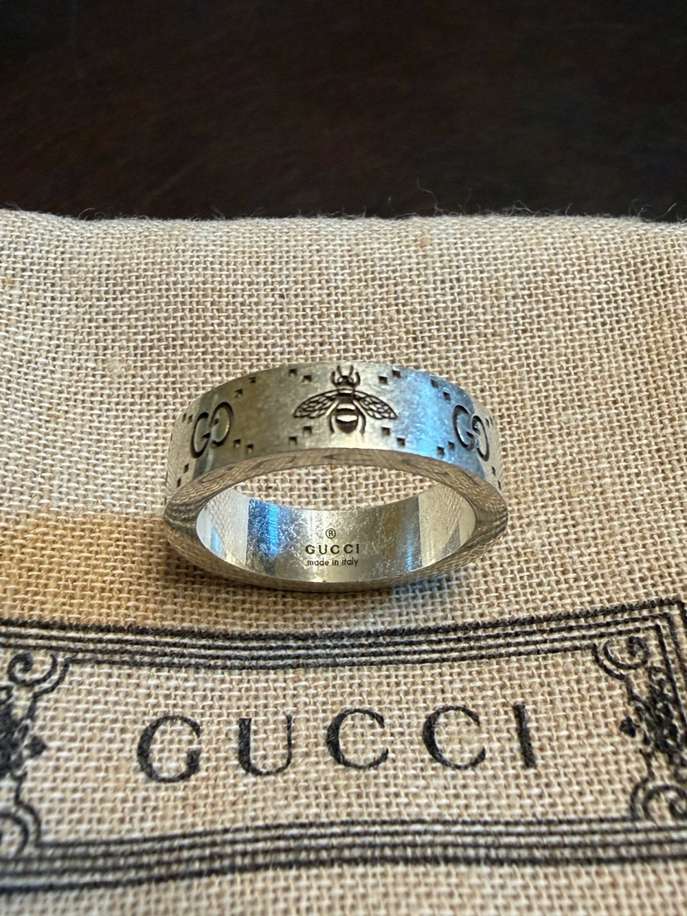 New Authentic Gucci GG Bee Logo Silver Ring Size IT 17 / US 8